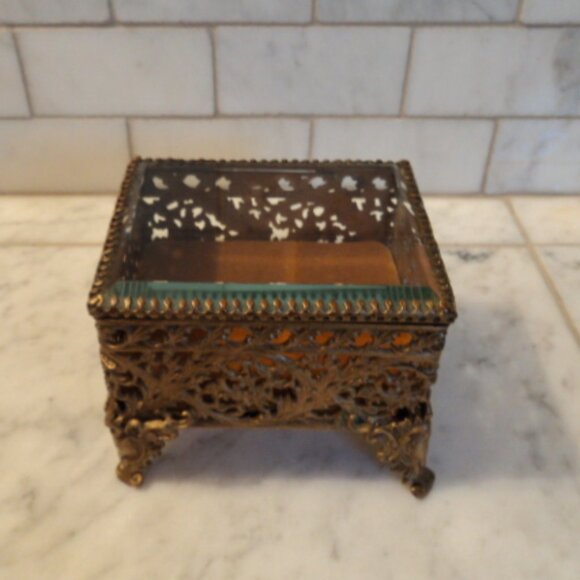 vintage brass filigree ormolu glass casket box - Picture 1 of 7